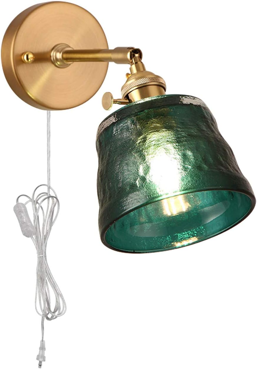 Simple Literary Style Wall Sconces with 5.9Ft UL Plug-in Button Transparent Cord E26 Lamp Base Dark Green Lampshade Metal Base Wall Light Fixtures for Bedroom Dorm Hotel Bulb Not Included