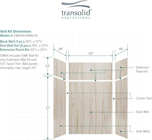 Miniatura 30 de Transolid EWKX483696-41 Expressions - Kit de pared de ducha de 6 paneles con extensión, 36 pulgadas de largo x 48 pulgadas de ancho x 96 pulgadas