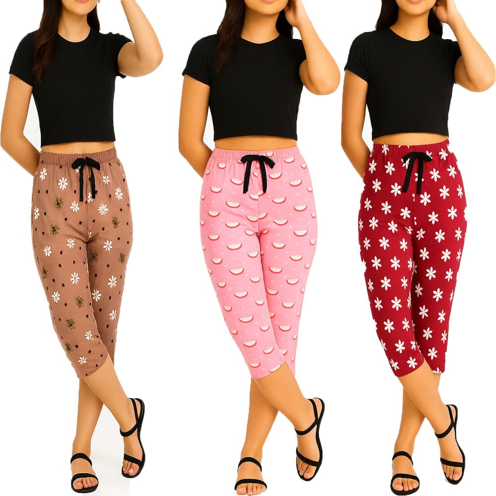 Womens Cotton Lounge NightWear Capri, 3/4th Capri For Women 3Pack-image-46
