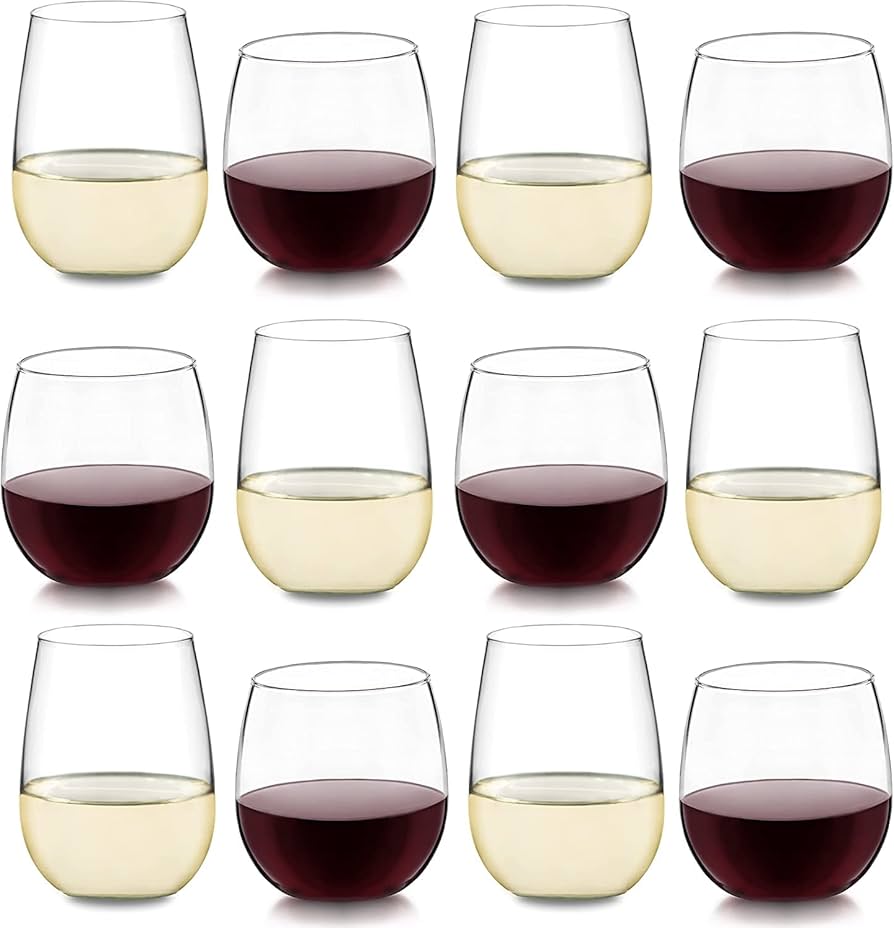 Libbey Stemless Wine Glasses Set of 12, Dishwasher Safe Red and White Wine Glass Set, Clear Drinking Glasses Set of 12 for Cocktails, Water, and More
