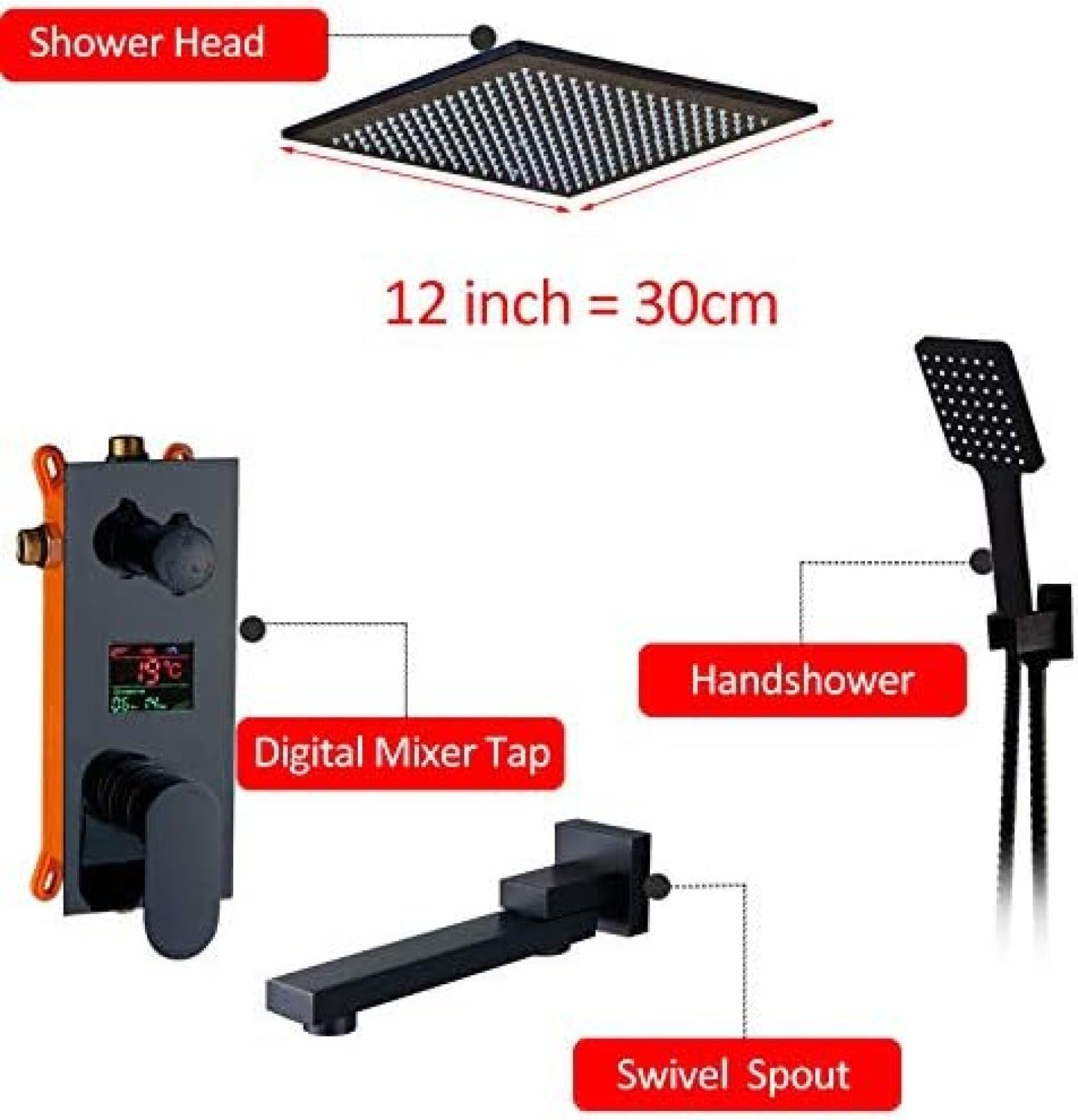 Doccia Digitale Nera a Parete con soffione a Pioggia, Miscelatore con Display Digitale a 3 Vie, beccuccio Girevole per Vasca, Doccia per Bagno, Set Completo da 12 Pollici, Set Comp