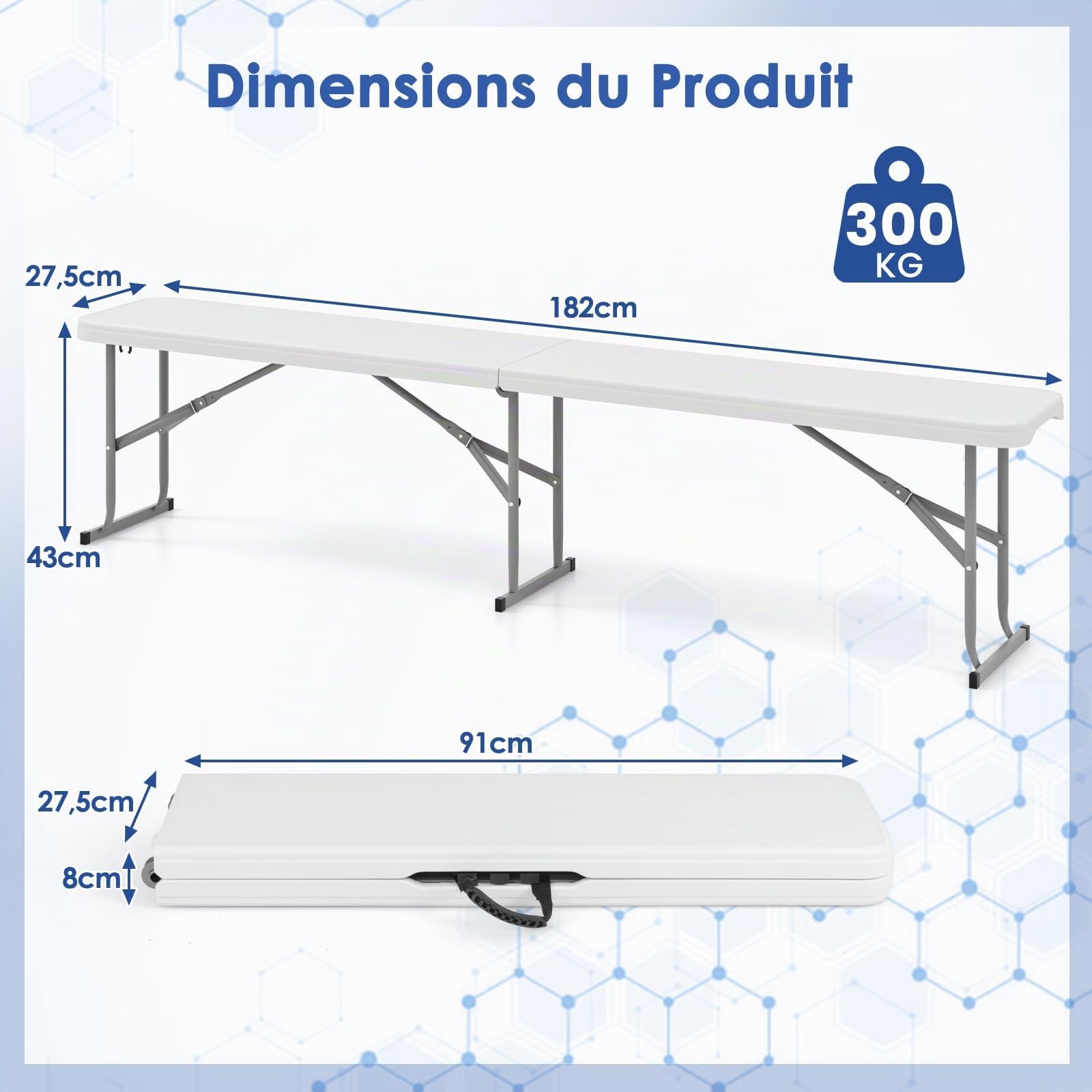 GOPLUS Banc Pliant Jardin en HEPE 182 cm, Banc d'Intérieur et d'Extérieur, Poignée de Transport, Etanche, pour Pique-Nique, Camping, Barbecues,182 x 27,5 x 43 cm,Charge 300KG