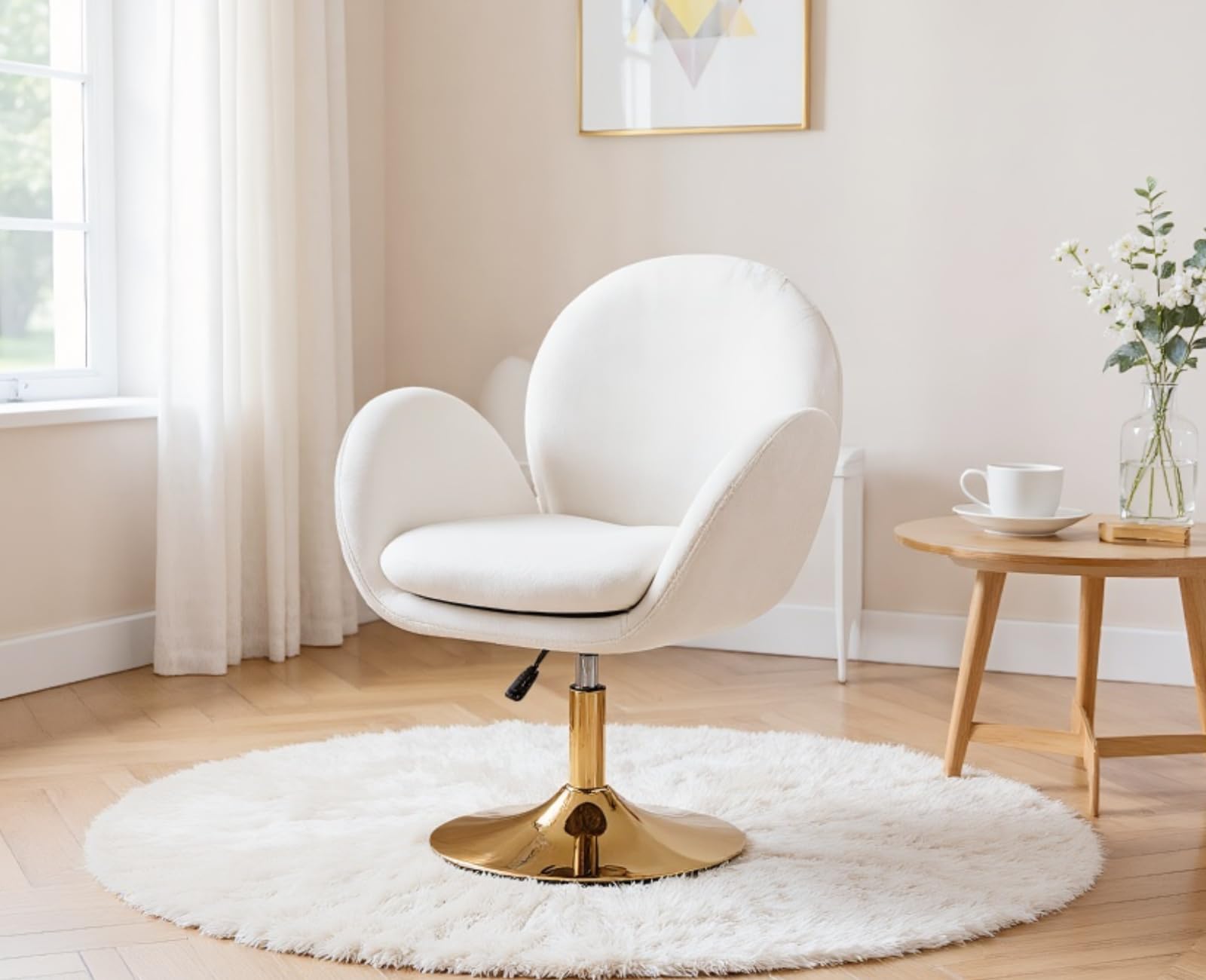 Loungesessel Höhenverstellbar 360°Drehbar Sessel, Schminkstuhl Drehstuhl Polsterstuhl mit goldenem Sockel aus Samt für Schlafzimmer Wohnzimmer Schminktisch, Beige