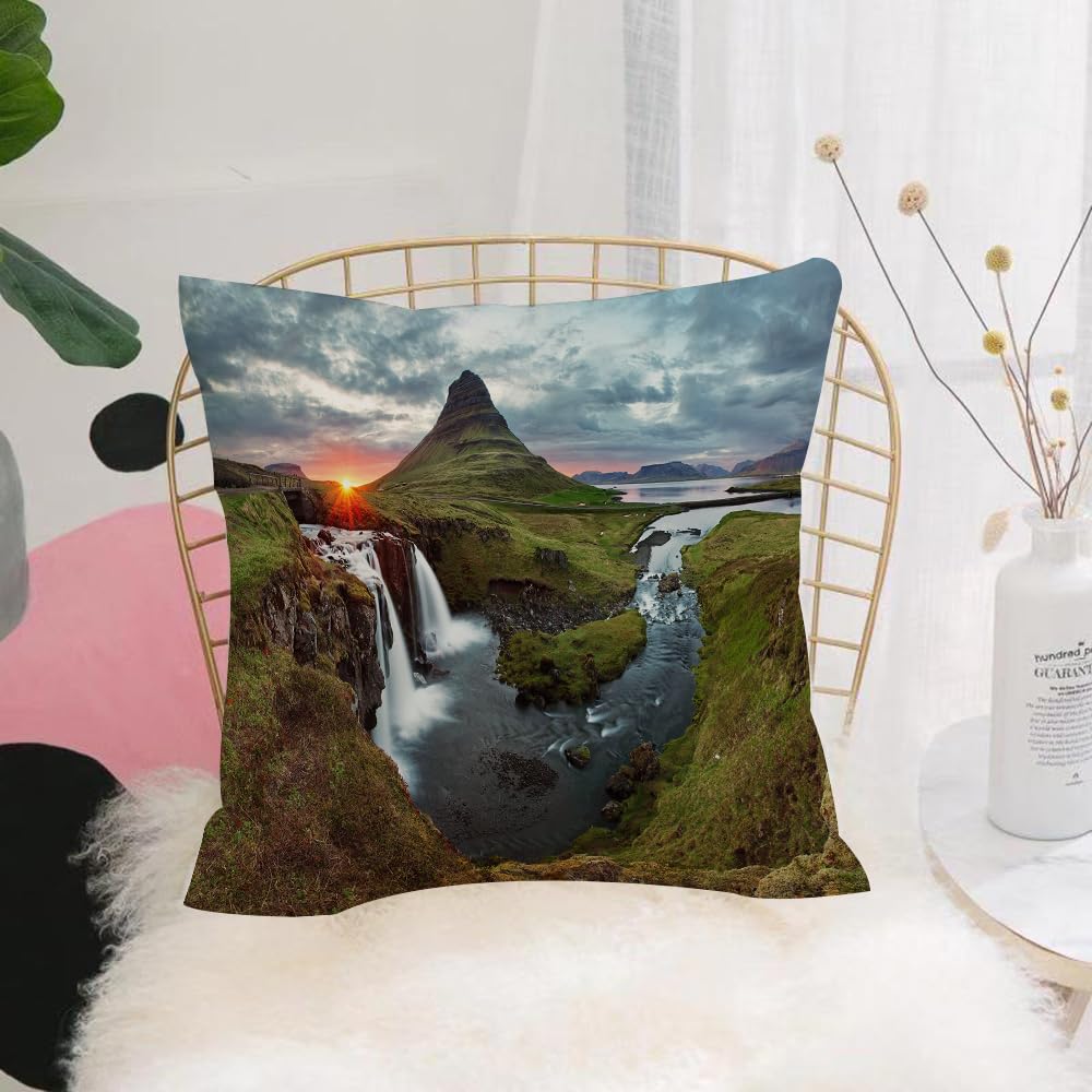 HYMSXW Cushion Cover,Throw Pillow Case Home Decorative for Living Room Bedroom Sofa Chair 20X20 Inch,Iceland waterfall landscape Sunset over mountain, area,Pillowcase 50X50cm