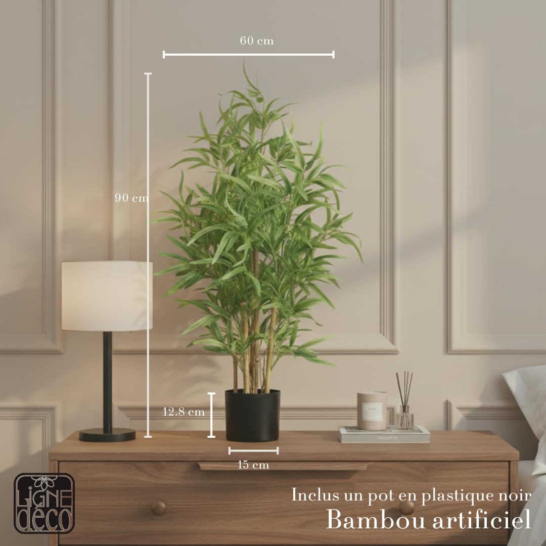 Bambou Artificiel 90cm Plante Artificielle Pot Plastique Noir Interieur Decoration Maison