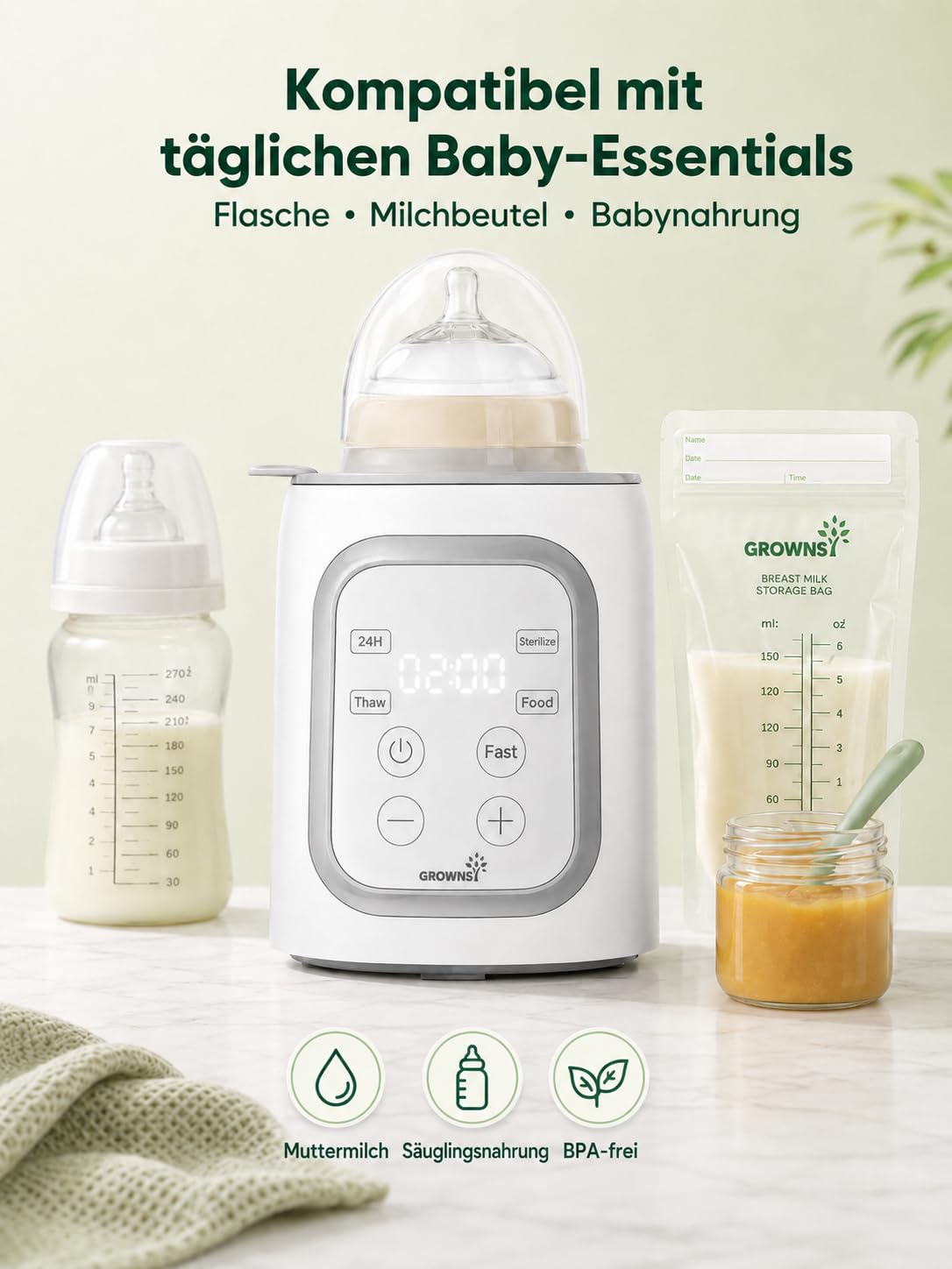 Grownsy Flaschenwärmer Baby, 10-in-1 Fläschchenwärmer für alle Flaschen mit Timer, präziser Temperaturkontrolle und automatischer Abschaltung, multifunktionaler Flaschenwärmer für Muttermilch Grey