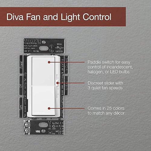 Miniatura 3 de Lutron Diva Control de ventilador e interruptor de luz de 3 velocidades, un polo, ventilador de 1.5 A/LED 1A, DVFSQ-LF-IV, marfil Marfil,Marrón