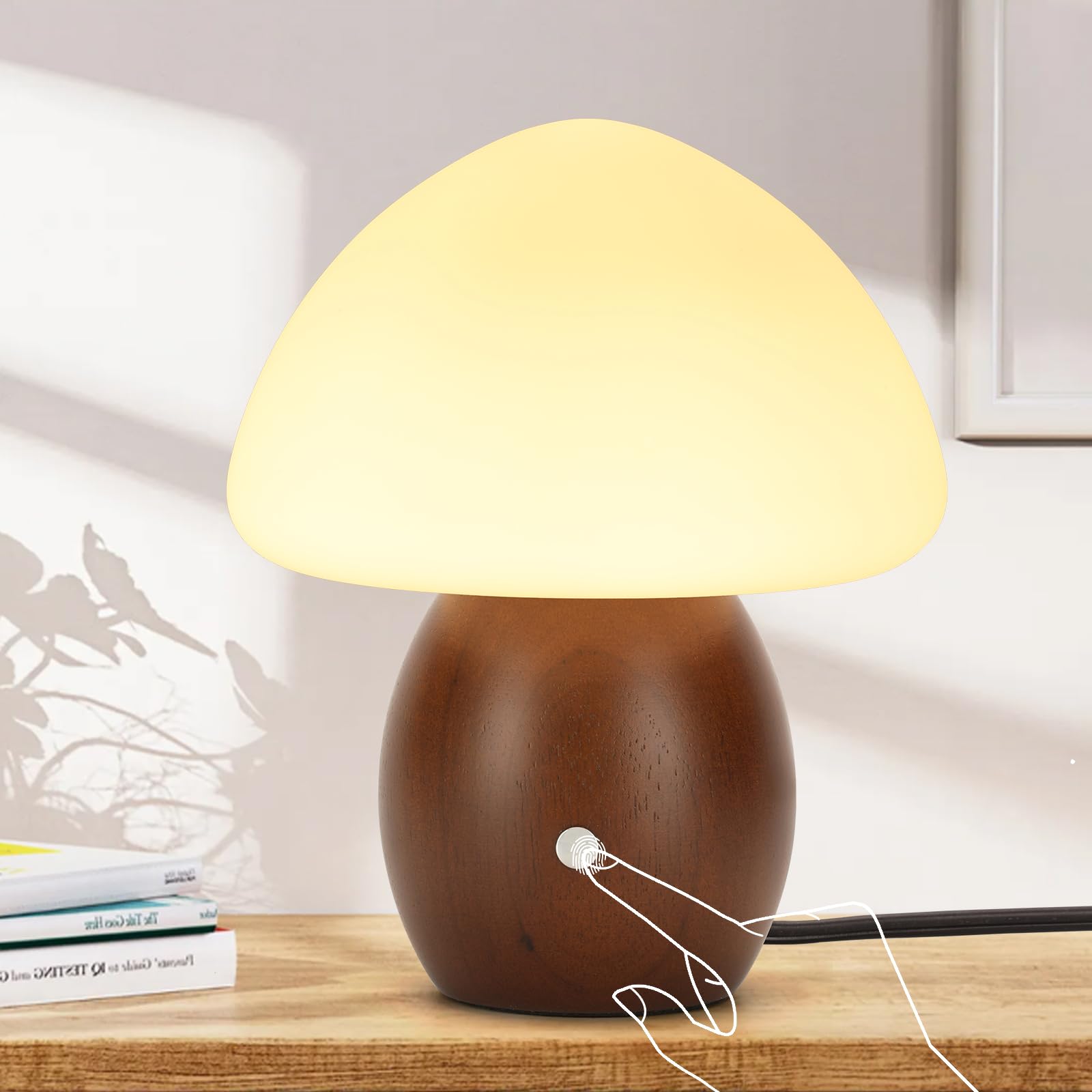 Photo 1 of BNYFDC Mushroom Lamp with Touch Control Switch, Small Wooden Table Lamp with Glass Shade, 3 Way Dimmable Nightstand Lamp for Bedroom, G9 LED Bulb Included (Walnut Color&Opal White Glass Shade)