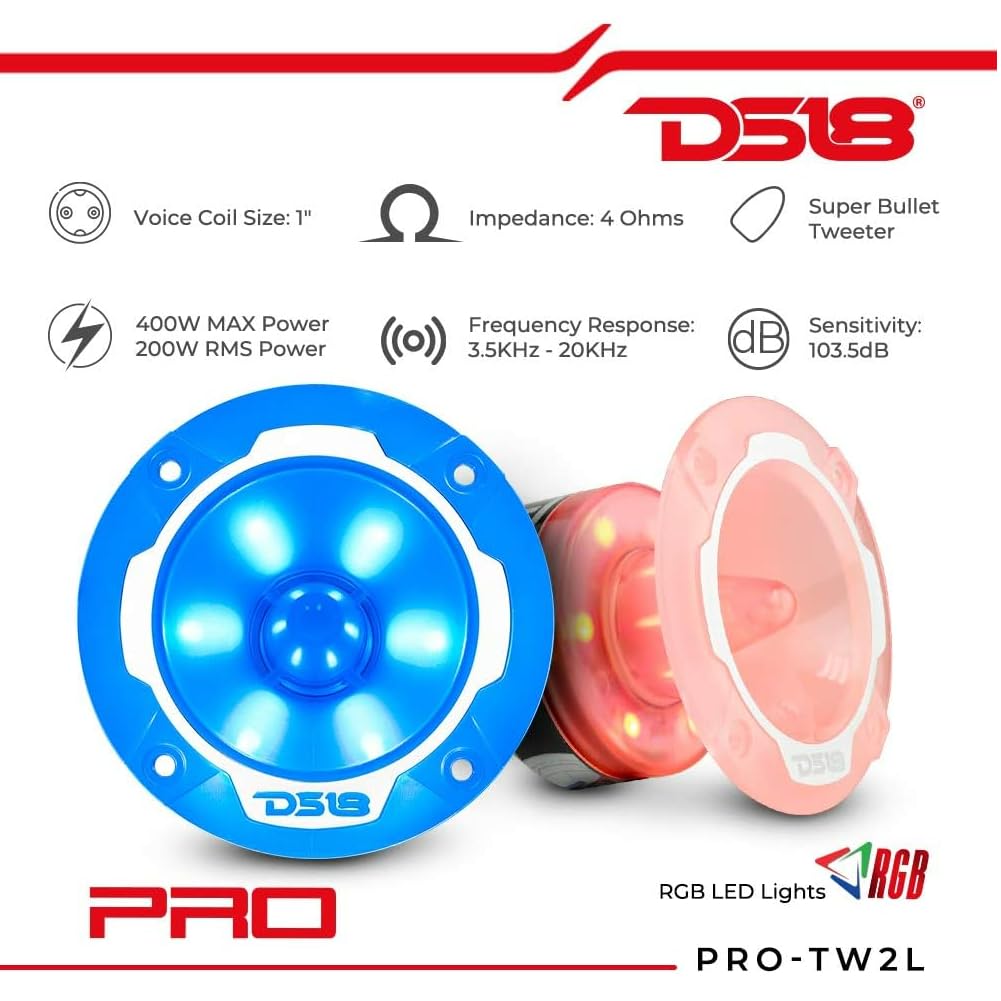 KIT-Set FÜR DS 18 PRO-TW2L 2 Super-Bullet-Hochtöner mit RGB-LEDs mit einem von 9,6 cm und 96 mm, 200 Watt rms und 400 Watt max, 4 Ohm, 103,5 dB, für Autos, paarweise + Kondensatoren als Geschenk