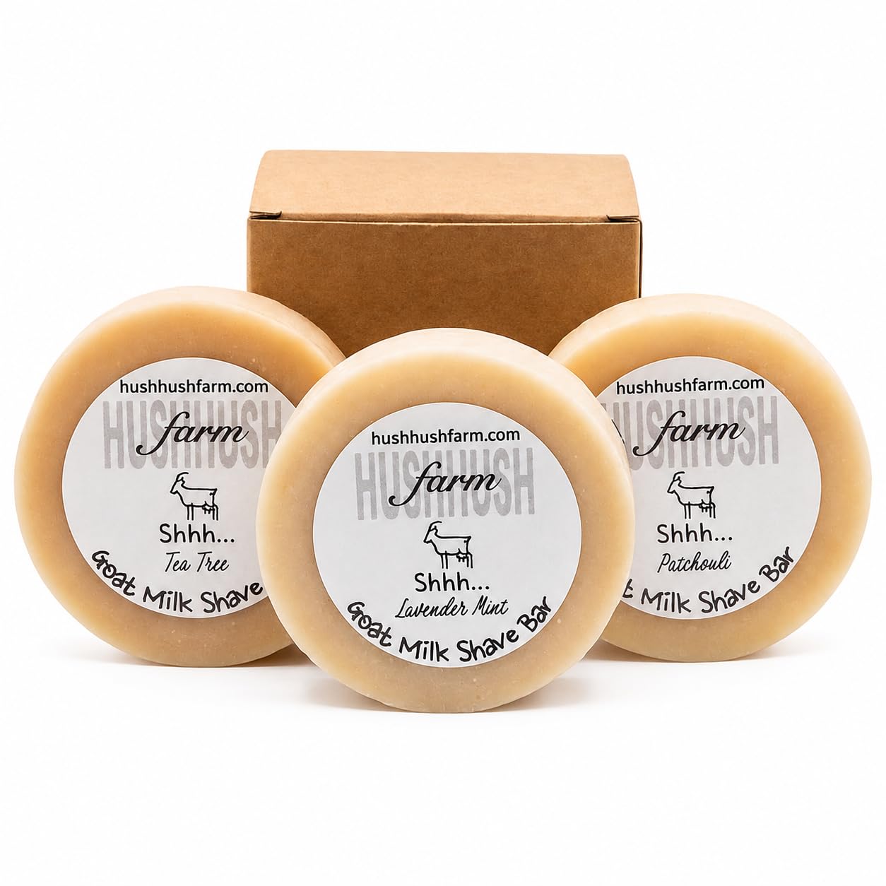 HushHush Farms Shaving Soap for Men | Handmade with Goat Milk, Olive Oil & Cocoa Butter | Plastic-Free & Moisturizing Shave Soaps | Pack of 3 (Patchouli, Tea Tree, Lavender Mint) Variety (Patchouli, Tea Tree, Lavender Mint) 5 Ounce (Pack of 3)