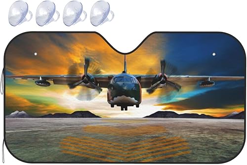 Aterrizaje de avión militar en pistas de la fuerza aérea contra hermoso cielo oscuro impresión parabrisas parasol protector plegable cubierta de