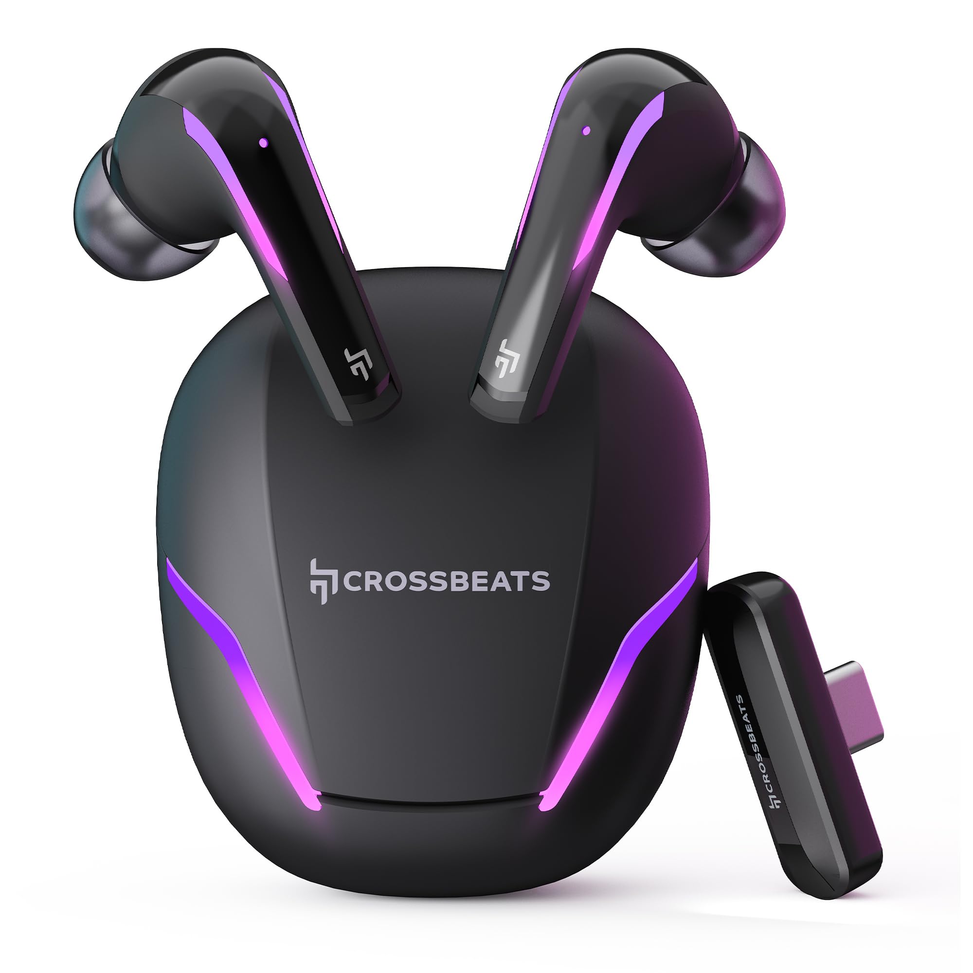 CrossBeats Hawk Gaming TWS in-Ear Buds - New Launch 100hr Playtime, Bluetooth 5.4, 10ms Low Latency, 360° Spatial Audio, RGB Lights, 6 AI ENC Mics, Dual EQ Modes, Type-C Dongle - Perfect for Gaming