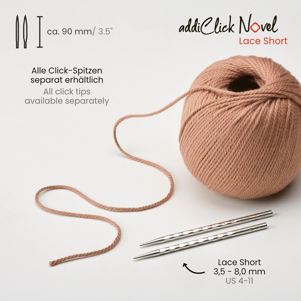 Addi Click Novel Lace Short Tip Set-8 PRS, 5 sznurków, 1 złącze, metal, rozmiar Oine