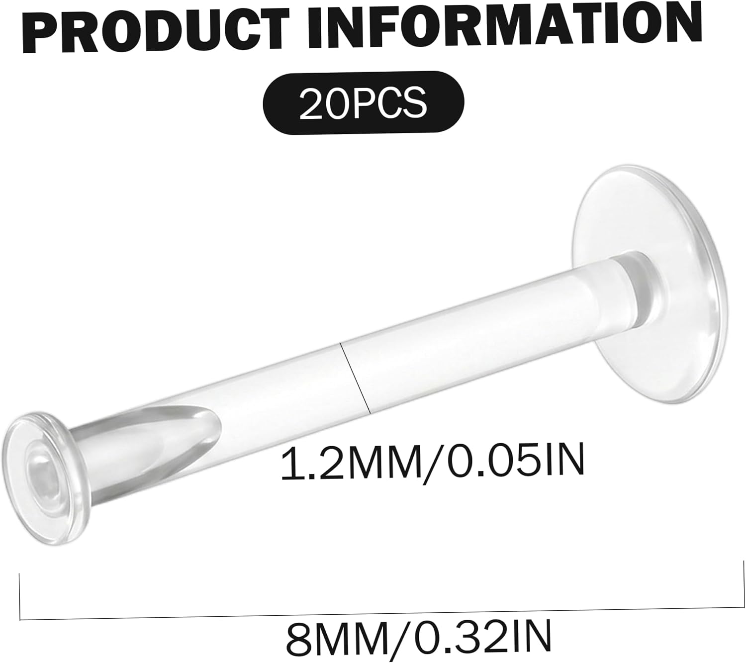 20pcs Clear Piercing Retainer, Invisible Clear Studs for Ears, Acrylic Earring Retainers 1.2mm x 8mm, Transparent for Surgery, Sports, Work
