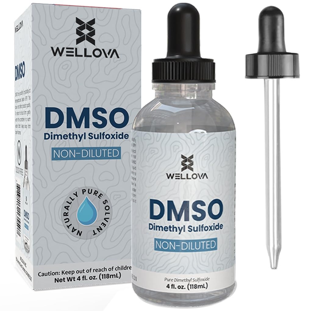 Wellova DMSO 99.9% Pharmaceutical Grade with 99.9% Purity & Low Odor - 4oz (Dimethyl Sulfoxide) Clear Glass Bottle with Dropper