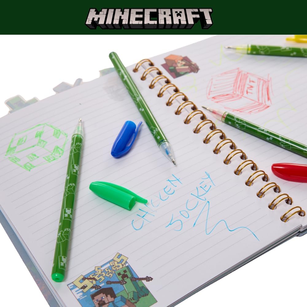 Innovative Designs Minecraft Journal Notebook with Gel Pens, Spiral Bound Notebook and Pencil Case Set, 96 Lined Pages, 8 x 7