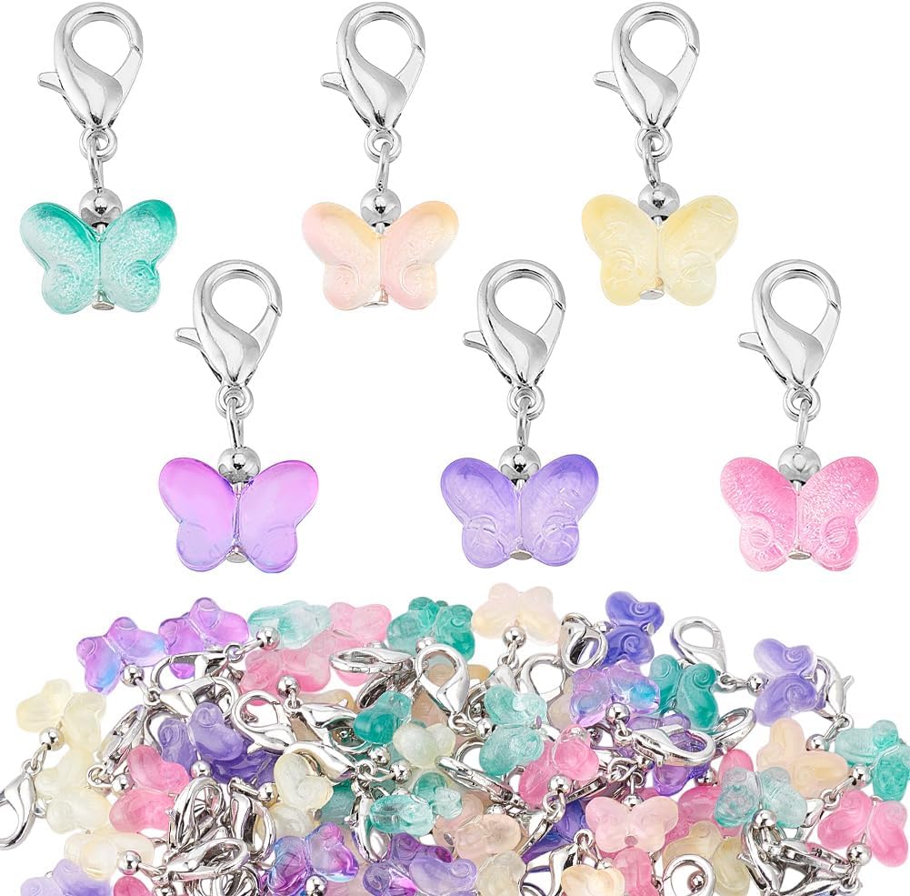 60pcs Glass Butterfly Charms, Colorful Clip-on Charms Dangle Badge Charm Stitch Marker Charm with Clasps Transparent Butterfly Pendants for Knitting DIY Earrings Necklace Jewelry Crafts