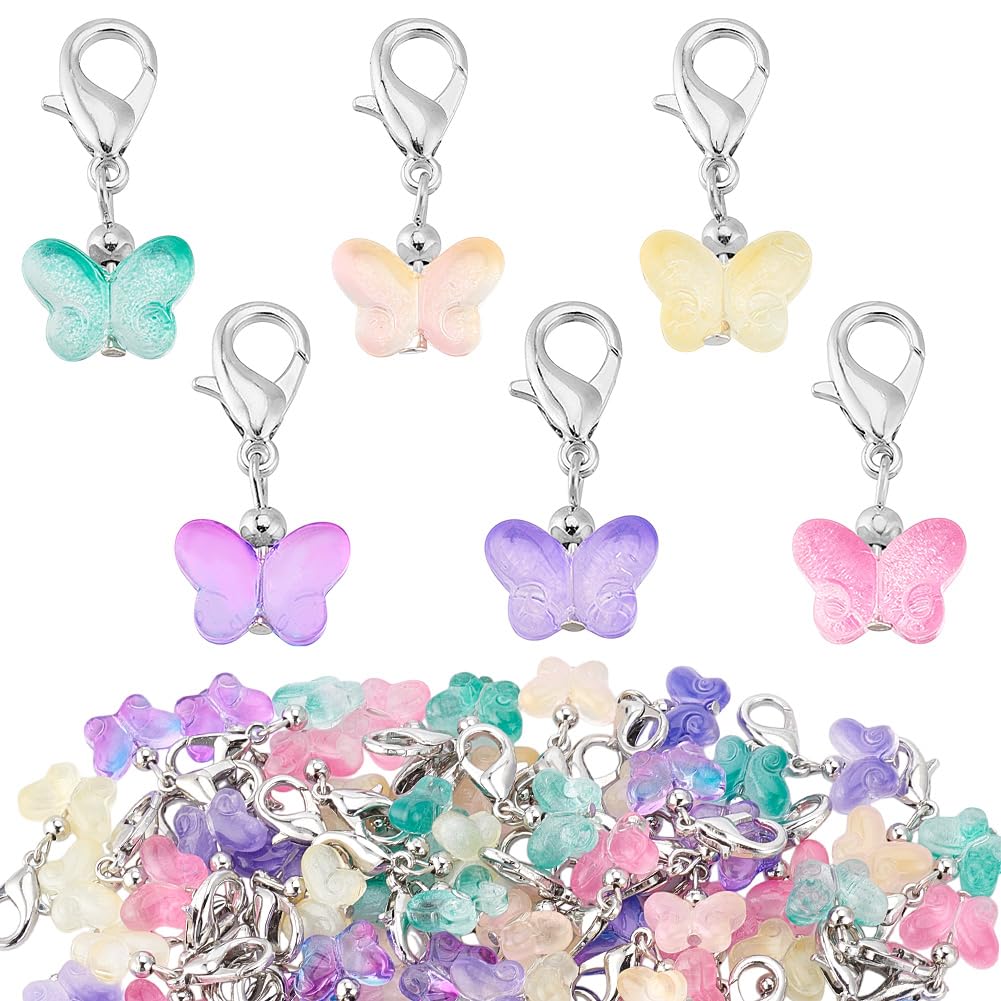 PH PandaHall60pcs Glass Butterfly Charms, Colorful Clip-on Charms Dangle Badge Charm Stitch Marker Charm with Clasps Transparent Butterfly Pendants for Knitting DIY Earrings Necklace Jewelry Crafts