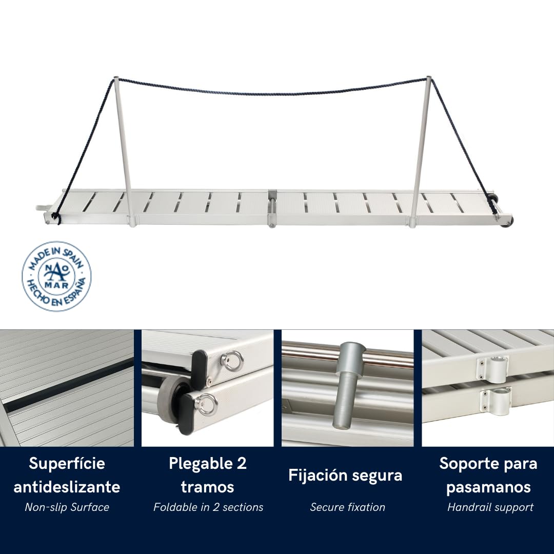 Pasarela de Aluminio para Barco, 2 Metros de Longitud, Plegable en Dos tramos, Ligera y Resistente con Ruedas. BP