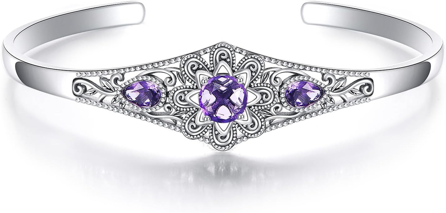 Genuine Amethyst Floral Cuff Bracelet Sterling Silver Adjustable Bohemian Bangle, February Birthstone Gift for Her Purple Crystal Healing Jewelry