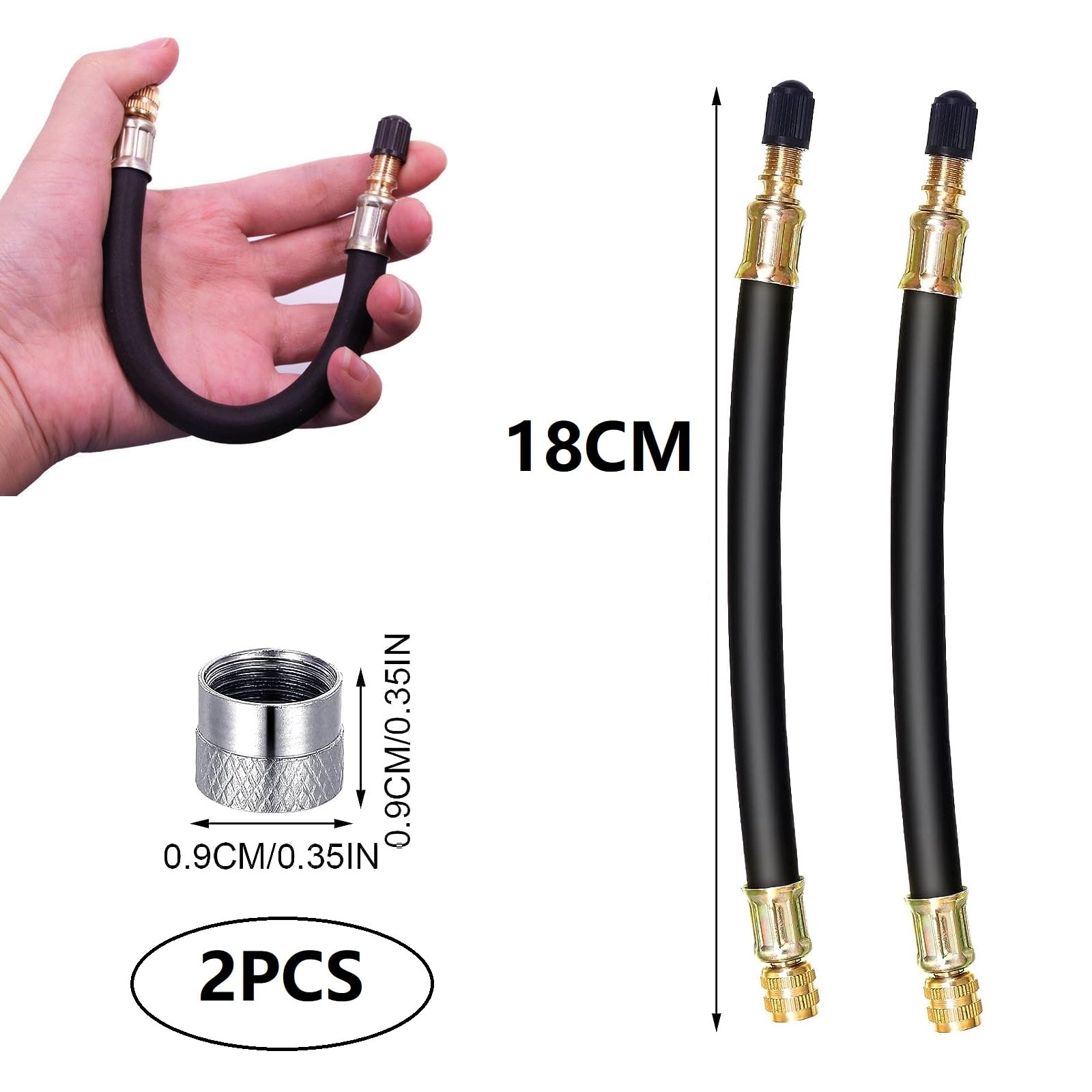 Rozszerzenie zaworu,Adapter przedłużający zawór opony,180mm elastyczny zawór opony,2szt Przedłużacz zaworu trzpienia z 2 wtyczkami zaworu do samochodu,Moto,Rower