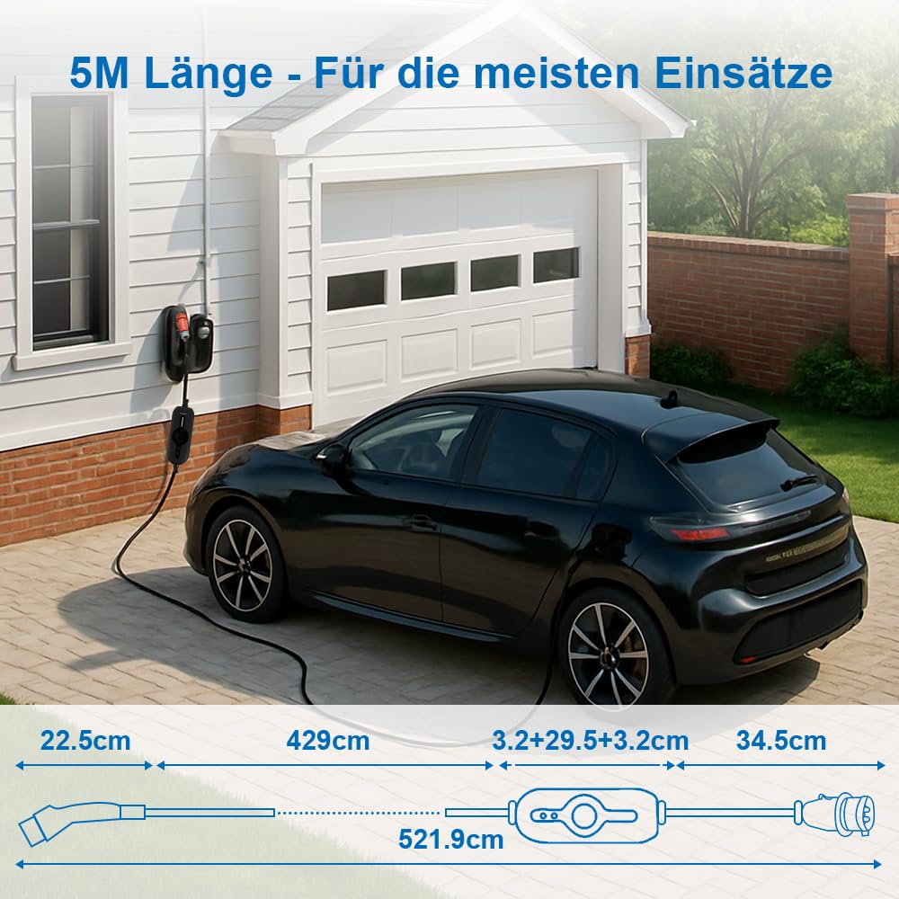 11 kW typ 2 przenośny kabel do ładowania do samochodu elektrycznego 5 m czarny ładowarka EV ze sterowanym wyświetlaczem cyfrowym i 3-fazową wtyczką przemysłową CEE do IEC 62196-2 i PHEV/EV