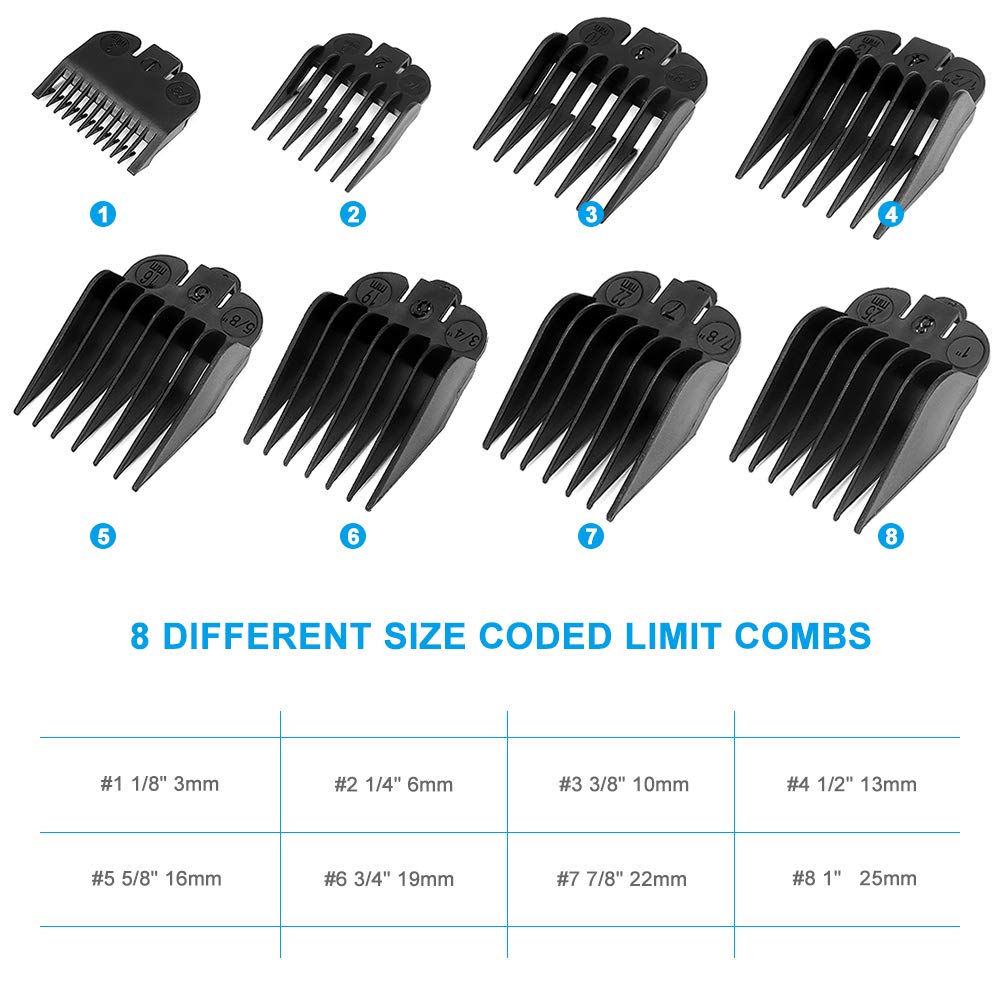 welltop Professional Hair Clipper Guide Combs, Clipper Guide Comb Set, 8 Sizes Coded Cutting Guides-1/8" to 1", Universal Replacement Hair Clipper Comb Attachments for Clippers Trimmers, Black