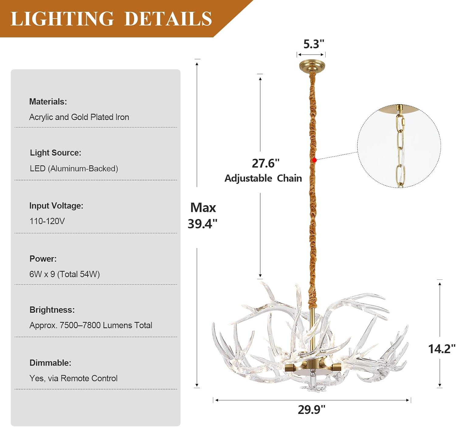 Acrylic Antler Chandelier Ceiling Light Fixtures, Clear Deer Chandelier Lighting, Dimmable Deer Horn Pendant Light Curved Antler & Gold 29.9" Single Tier 9 Lights