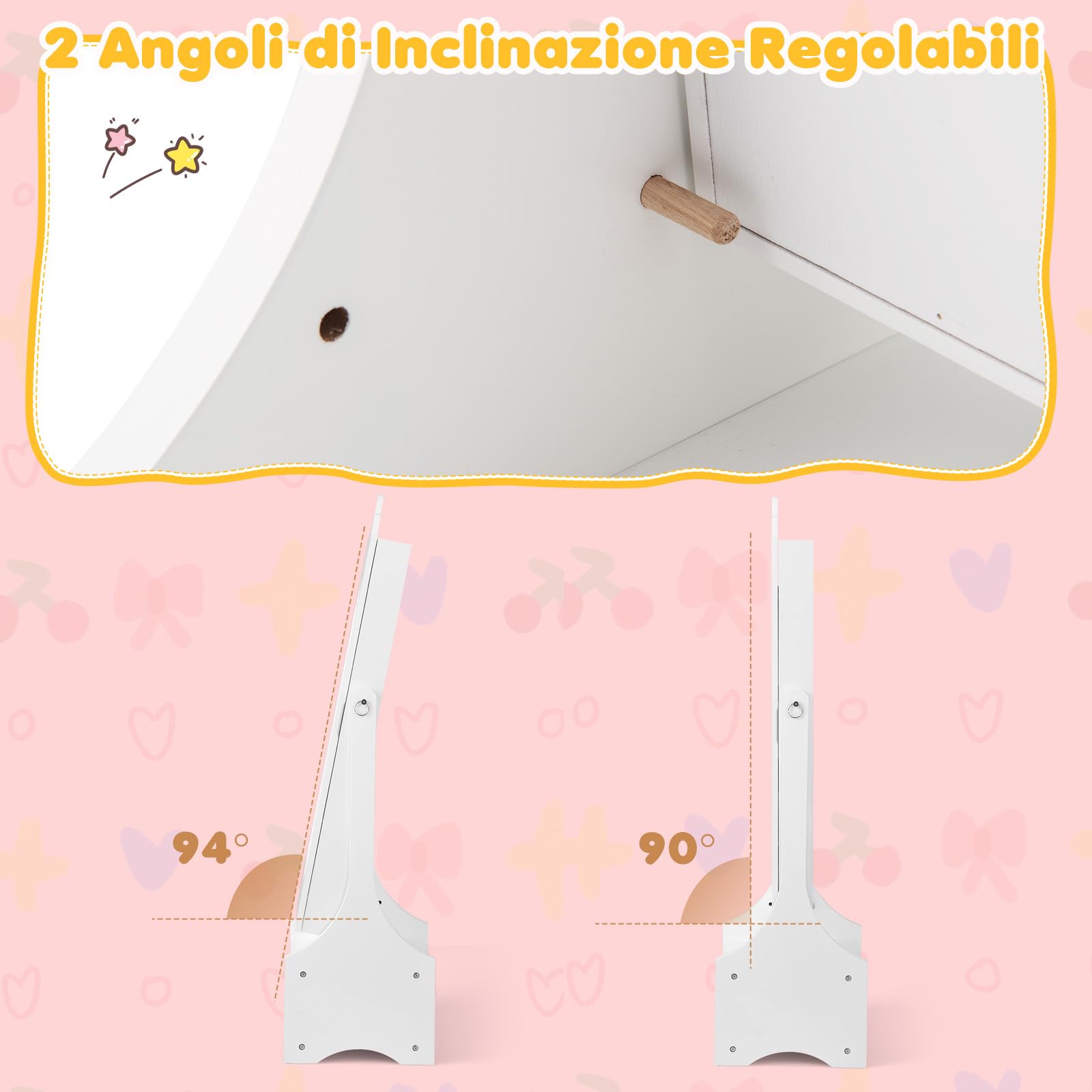 GYMAX Armadio per Gioielli per Bambini con Specchio a Figura Intera e Cassetto, 2 Angoli di Inclinazione Regolabili, Armadio per Gioielli da Principessa per Cameretta, 31,5 x 30 x 115 cm (Bianco)