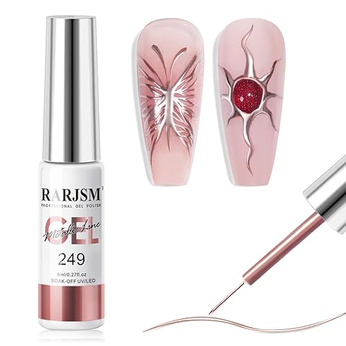 RARJSM Metallic Gel Liner Nail Art Rose Gold 3D Mirror Chrome Effect Gel Nail Polish 8ml Painting Build in Thin Brush Metal Painted Drawing Striper Gelpolish Soak off Curing Requires for Home Salon - Metallic Rose Gold
