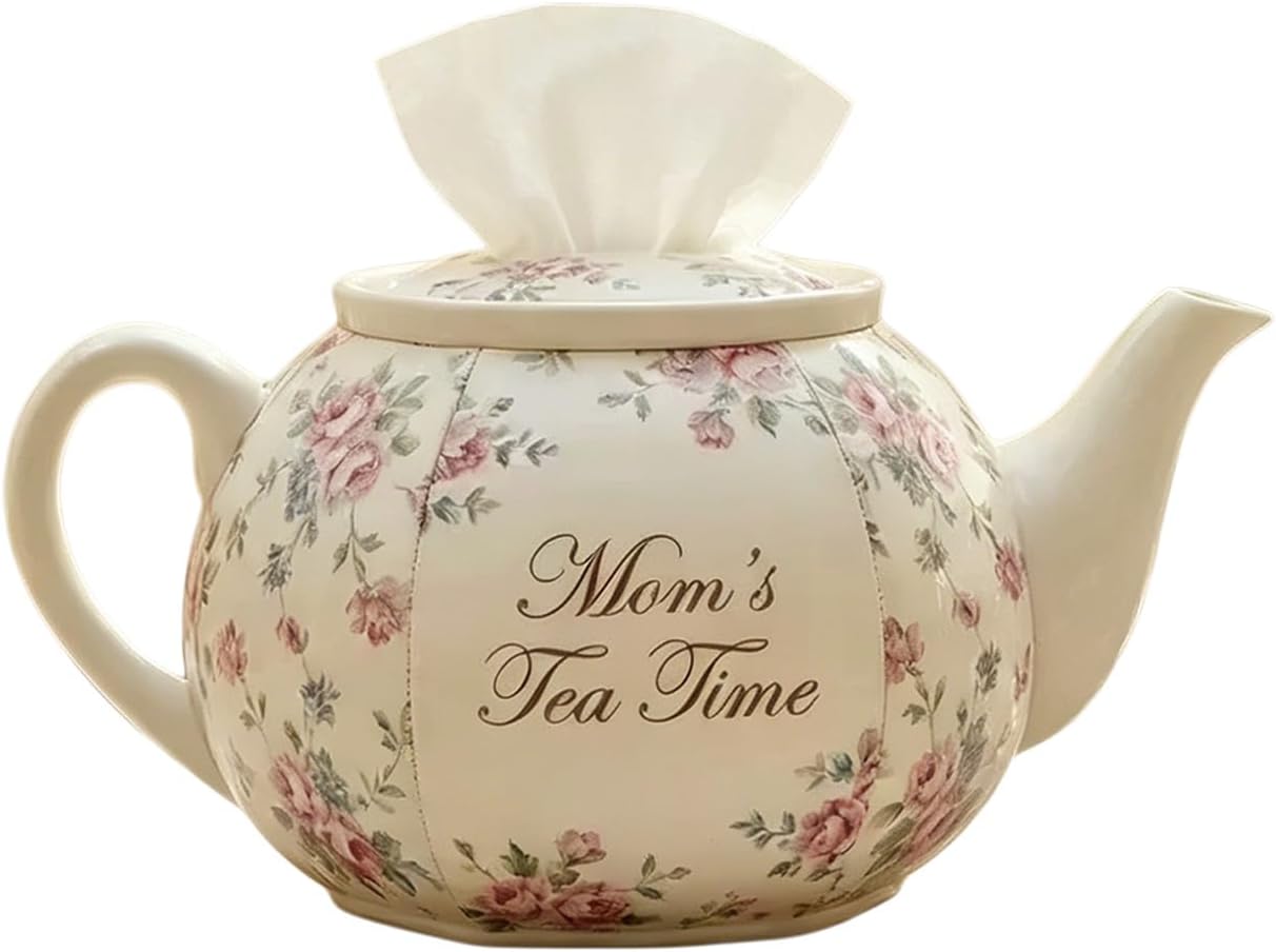 Teapot Tissue Box Cover, Floral Fabric Tissue Holder for Kitchens, Dining Rooms and Living Rooms