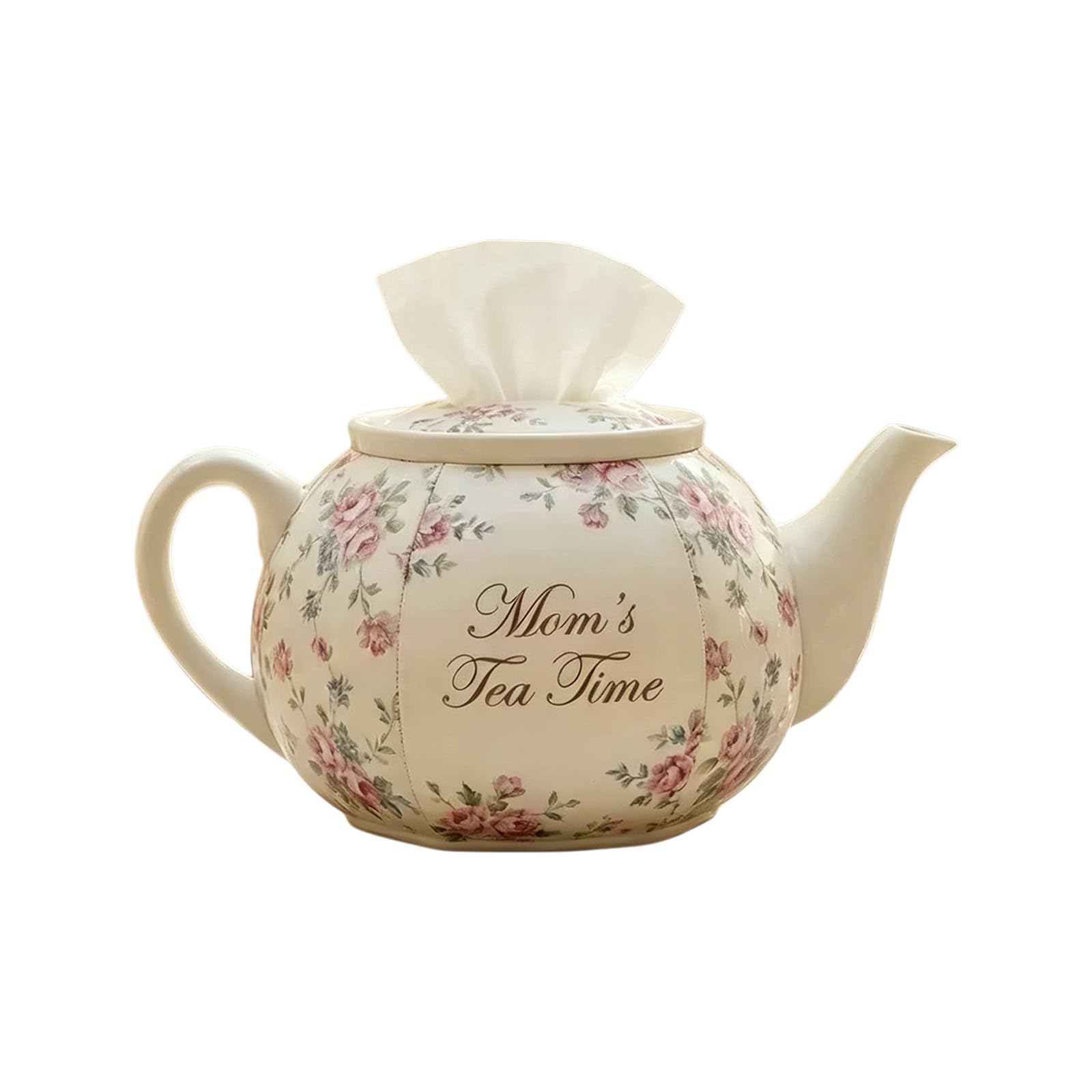 Lovely Teapot Inspired Tissue Box Holder Flower Stitched Fabric Great for Tabletop or Nightstand Presentation Blue and Floral DecorPretty Rose Patterned Teapot Tissue Box Snug Cloth Enclosure Fits