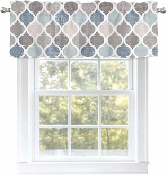 Blue Grey Valances for Windows Morocco Geometric Plaid Rod Pocket Curtain Valance Window Treatment Short Curtains for Kitchen Living Room, 54"x18"