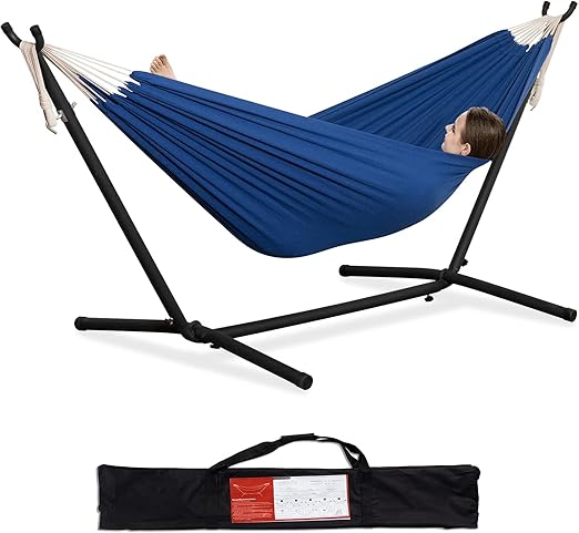 PNAEUT Double Hammock with Space Saving Steel Stand 2 Person Heavy Duty Garden Yard Outdoor 450lb Capacity Hammocks (Navy)