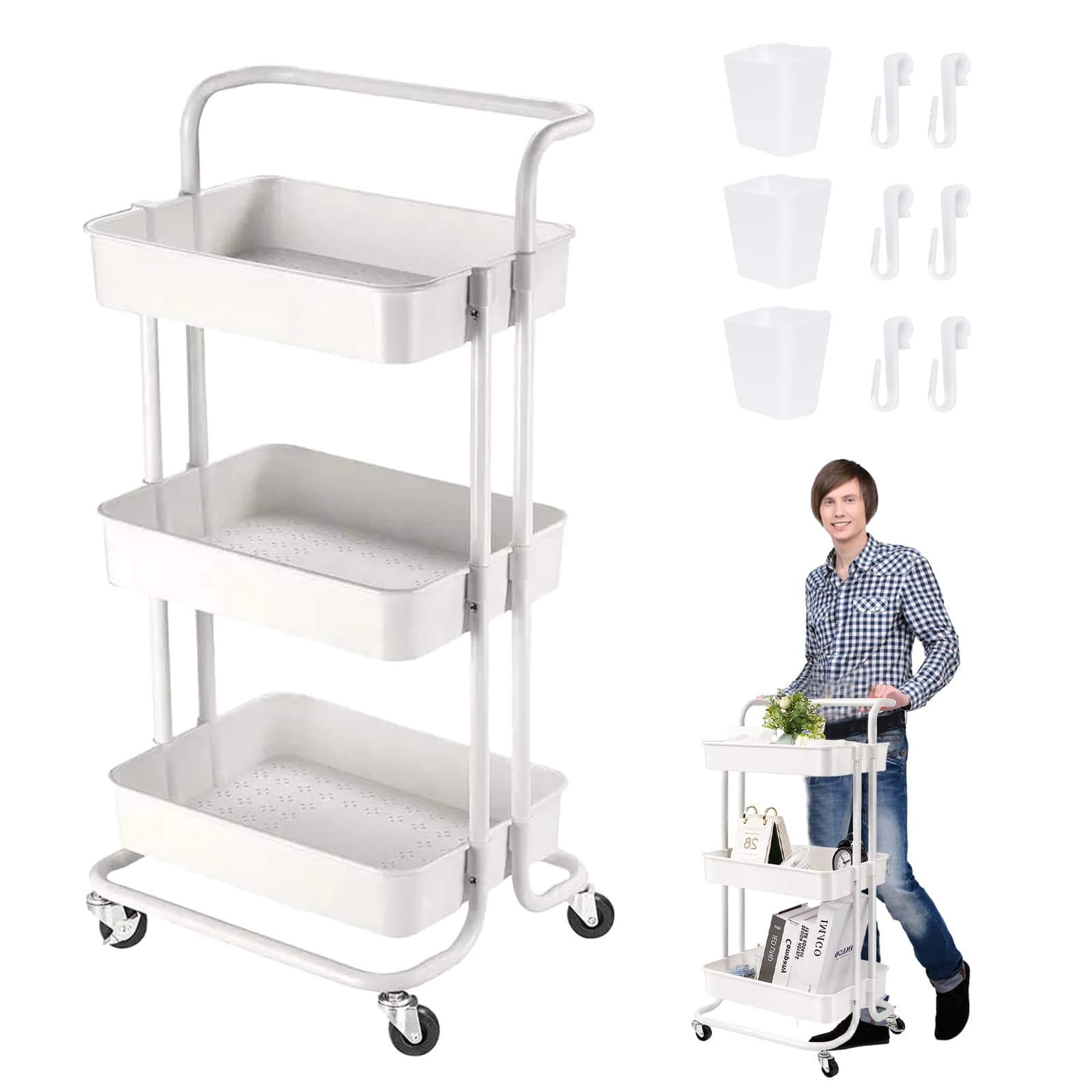 3 Tier Trolley, Rolling Utility Storage Car with Wheels & Hanging Cups & Hooks Storage Organization Shelves, for Kitchen, Bathroom, Office, Library, Coffee Bar Trolley Service Cart (White)