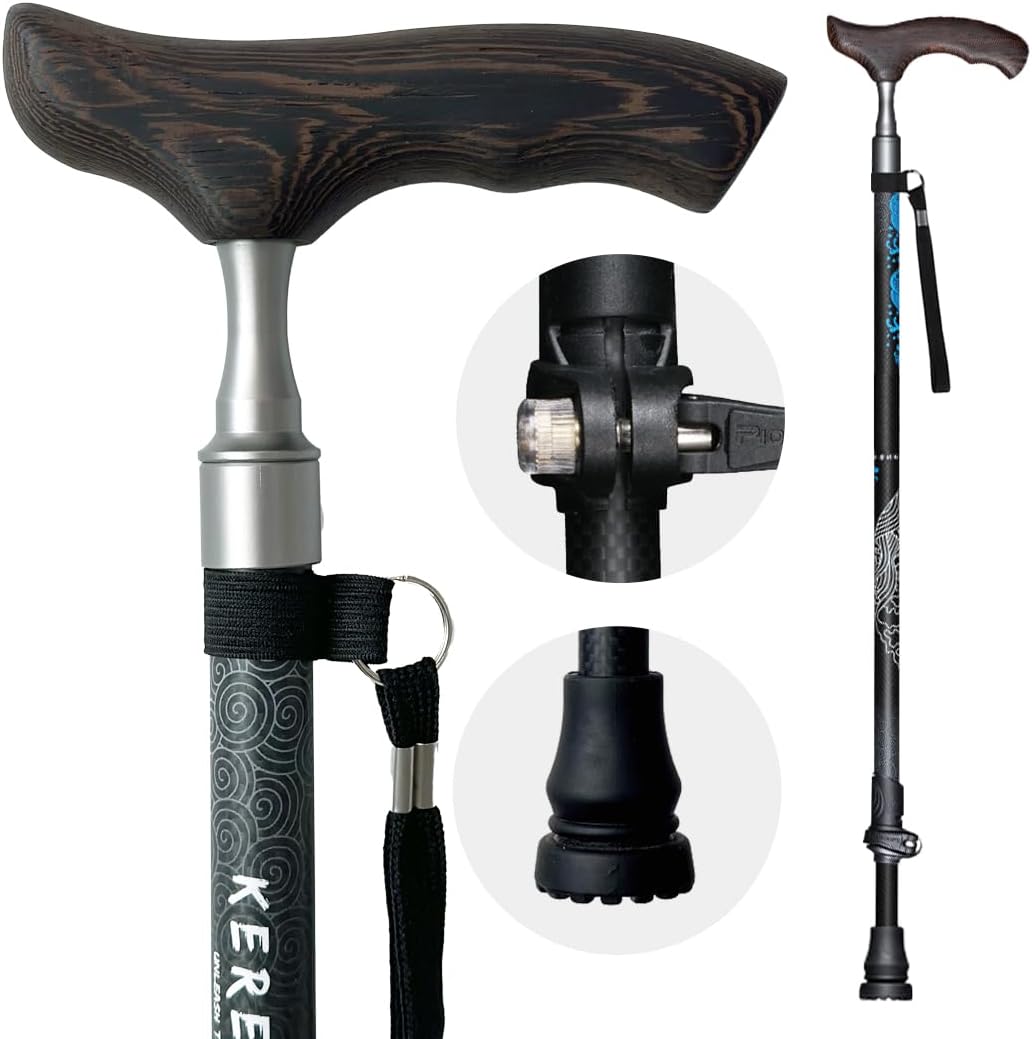 Carbon Fiber Walking Cane, Telescopic Ultralight Walking Stick for Senior Men and Women, Height Adjustable Cane with Ergonomic Wooden Handle for The Elderly and Adults
