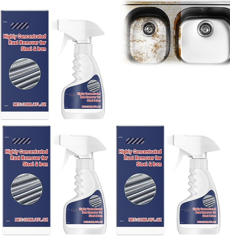 2026 New Rust Remover Spray for Metal, Highly Concentrated Heavy Duty Rust Remover for Steel Copper Stainless Steel, Fast Acting Rust Stain Remover No Scrubbing, 4 fl oz (3pcs)