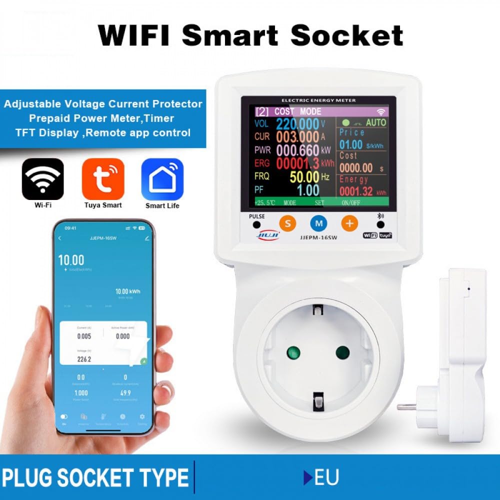 Tuya Prise de Courant Intelligente 230V APP Télécommande WIFI Wattmètre Compteur De Courant Alternatif Consommation d'Électricité Prise EU Compteur d'Énergie