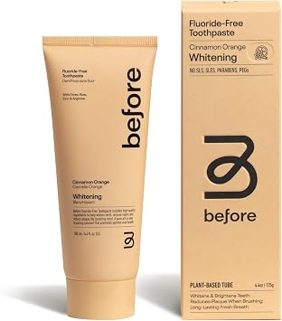 Before | Cinnamon Orange Fluoride-Free Whitening Toothpaste | Anti-Cavity, Reduces Plaque for Gum Health, Whitens Teeth, Balanced Foaming, Low Abrasion, Recyclable Tube, Made in the USA 4.4oz
