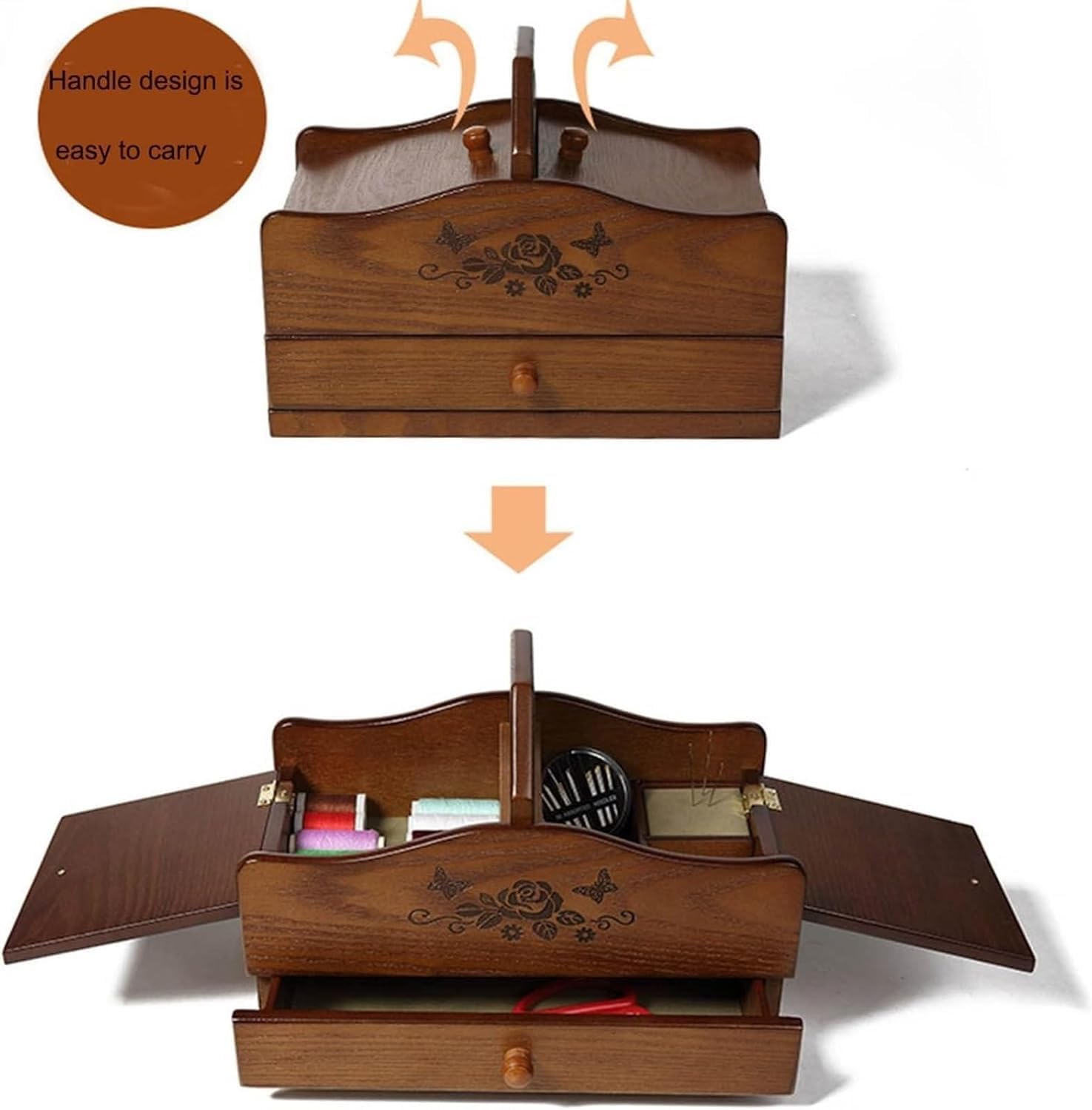 Sewing Storage Wooden Embroidery Box Sewing Kits,Sewing Craft Hobby Storage Box,Wooden Craft Hobby Organizer With 2 Drawers Wooden Sewing Basket For Embroidery Kits Quilting Supplies Cross Stitch Kits
