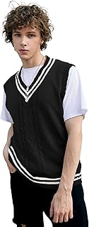 OYOANGLE Men's Rib Knit Sweater Vest Striped Sleeveless V Neck Uniform Tank Top
