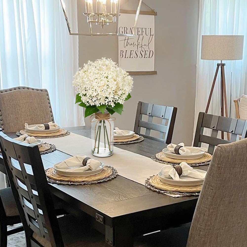 Artificial Hydrangea Flowers in Glass Vase with Faux Water, 13.8" Fake Cream Hydrangeas Arrangement Centerpiece for Home Café Kitchen Bathroom Decoration - Image 3