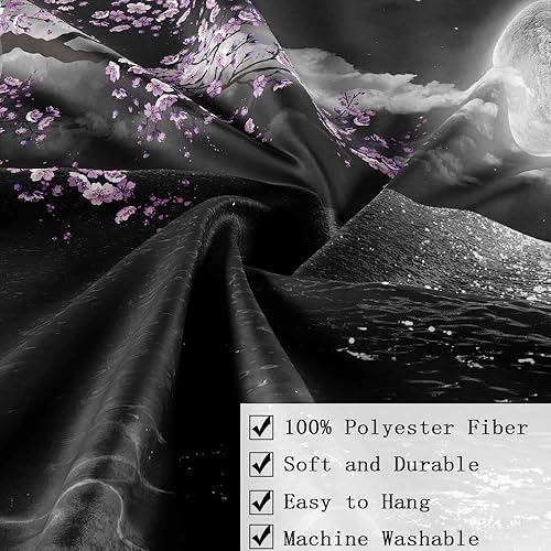 Miniatura 4 de JAWO Tapiz de luna y océano, tapiz de anime asiático genial para colgar en la pared, arte japonés con flores de cerezo, tapiz natural para