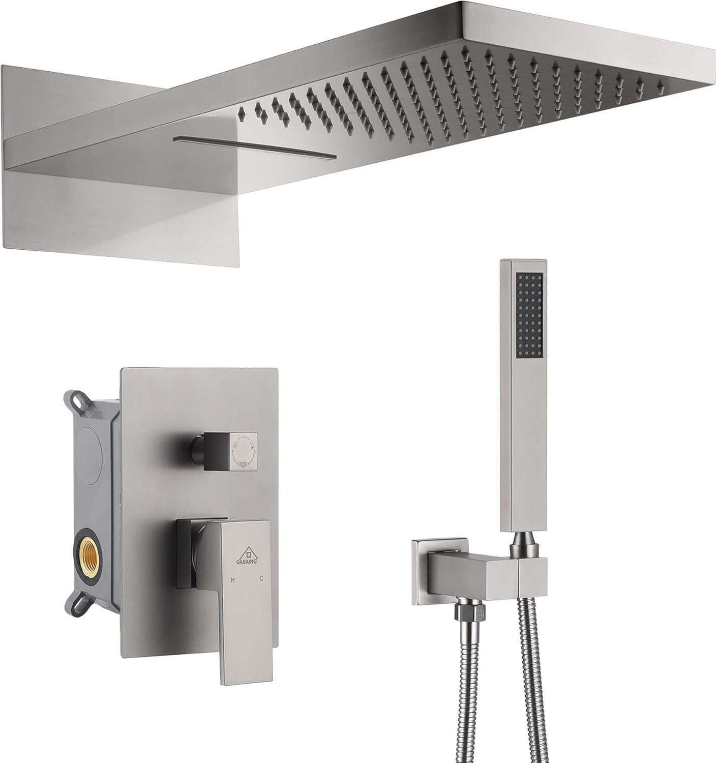 CASAINC Luxury Waterfall & Rain Shower Head with Handheld Spray 22" Large Square Shower Set, Wall Mounted Shower Valve Kit Shower System (Brushed Nickel)