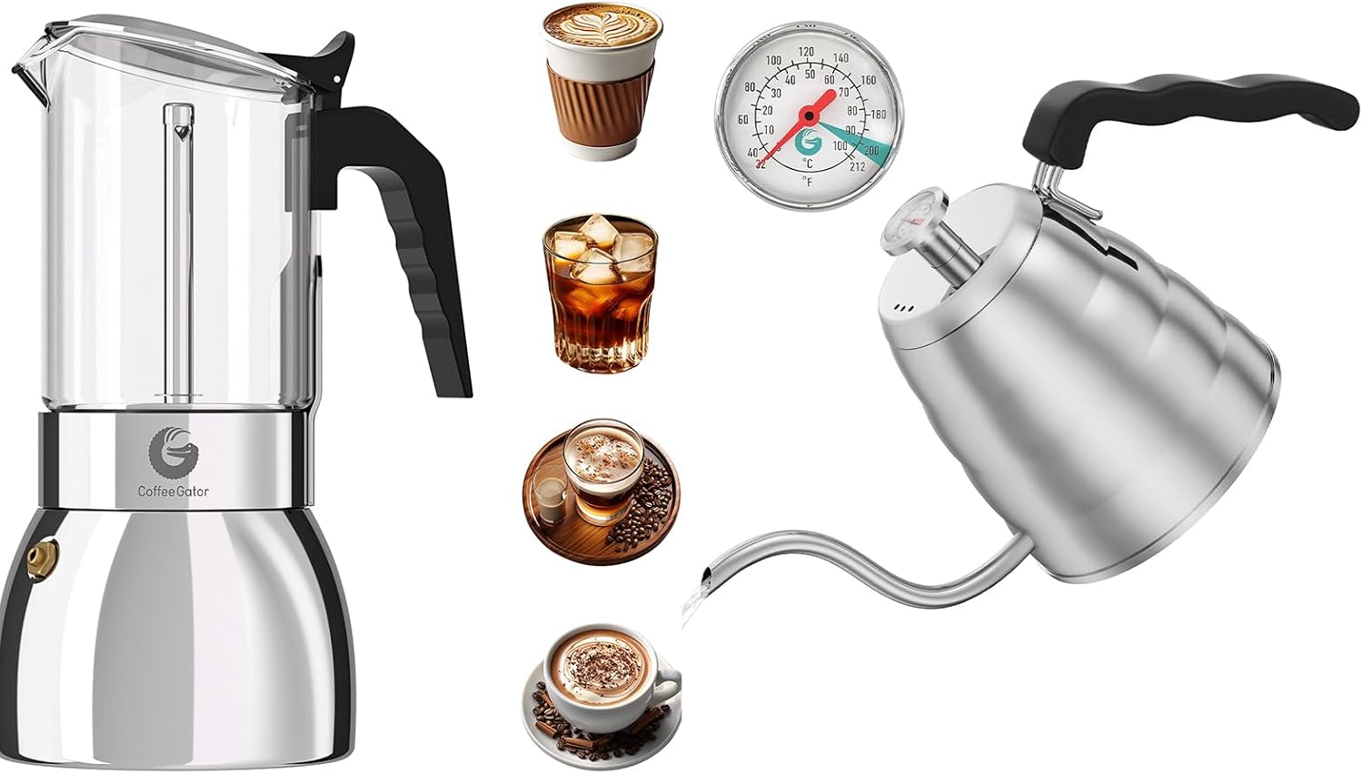 Coffee Gator 9 Cup Moka Pot and Gooseneck Kettle 34oz Stainless Steel for Pour Over