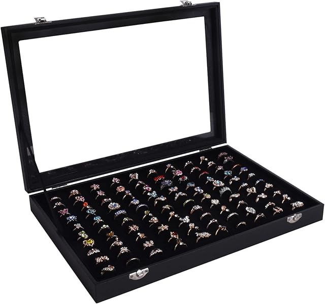 AUTOARK Velvet Stackable Clear Lid 100 Slots Jewelry Ring Box Showcase Display Organizer,Black,AJ-081