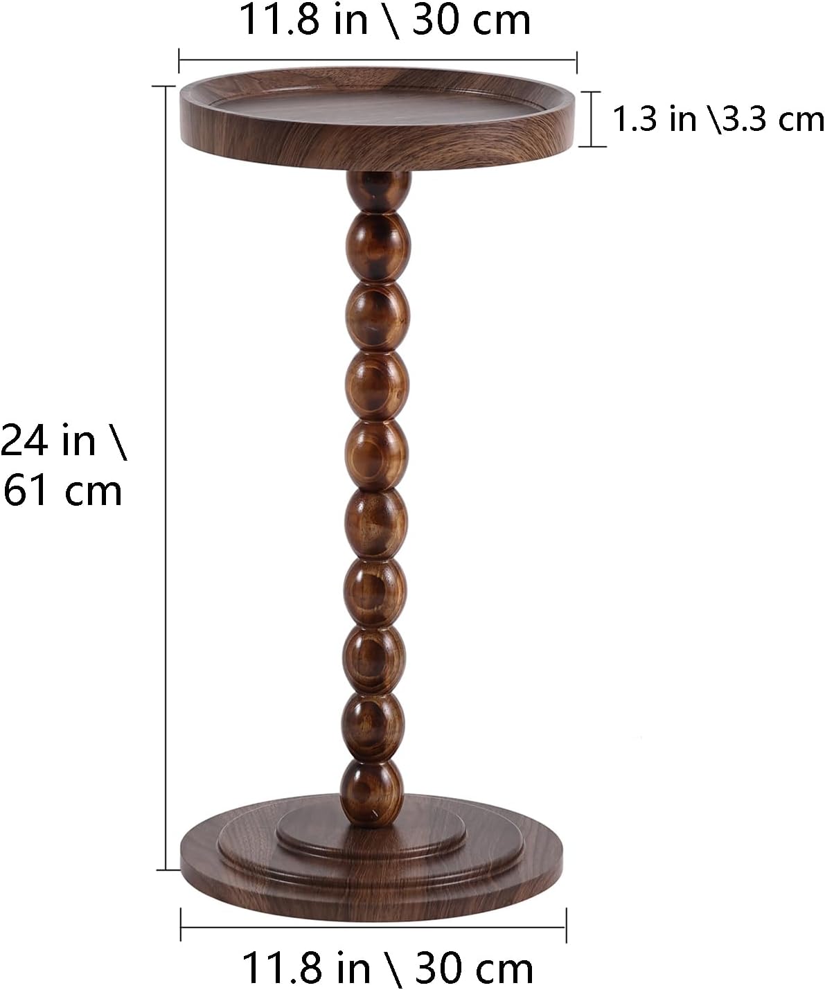 Round Pedestal SideTable Living Room, 24 in tall Small Drink Table Walnut