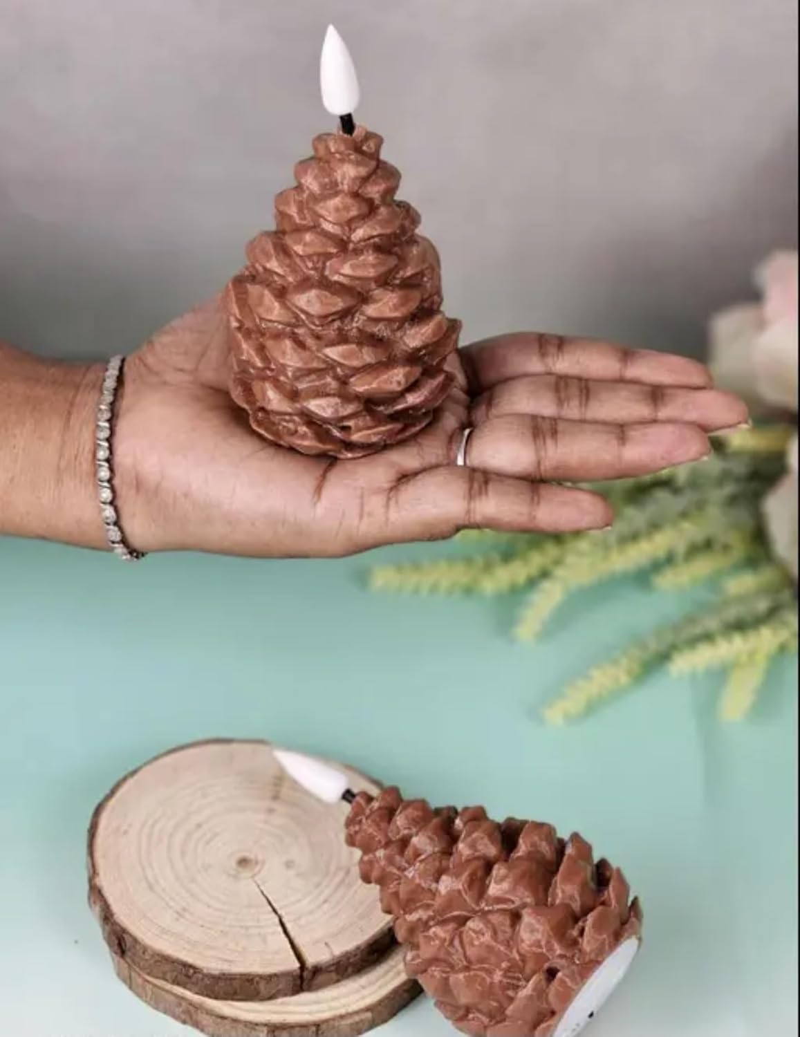 Decorative Pine Cone Candles, Bronze Metallic Finish, Natural Woodland Design, Set of 2, Winter Holiday Home Decor