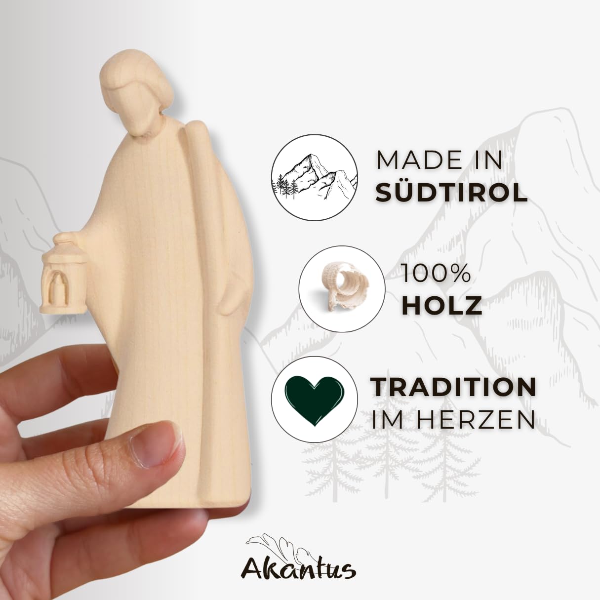 Akantus Krippe aus Holz: HL. Familie Natur mit Krippenbogen (13 cm)