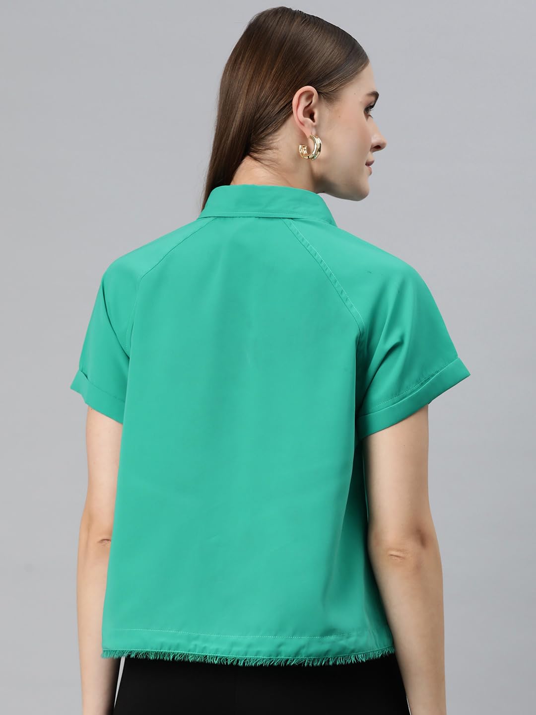 Cottinfab Women Sea Green Fringed Raglan Sleeves Shirt Style Top 3